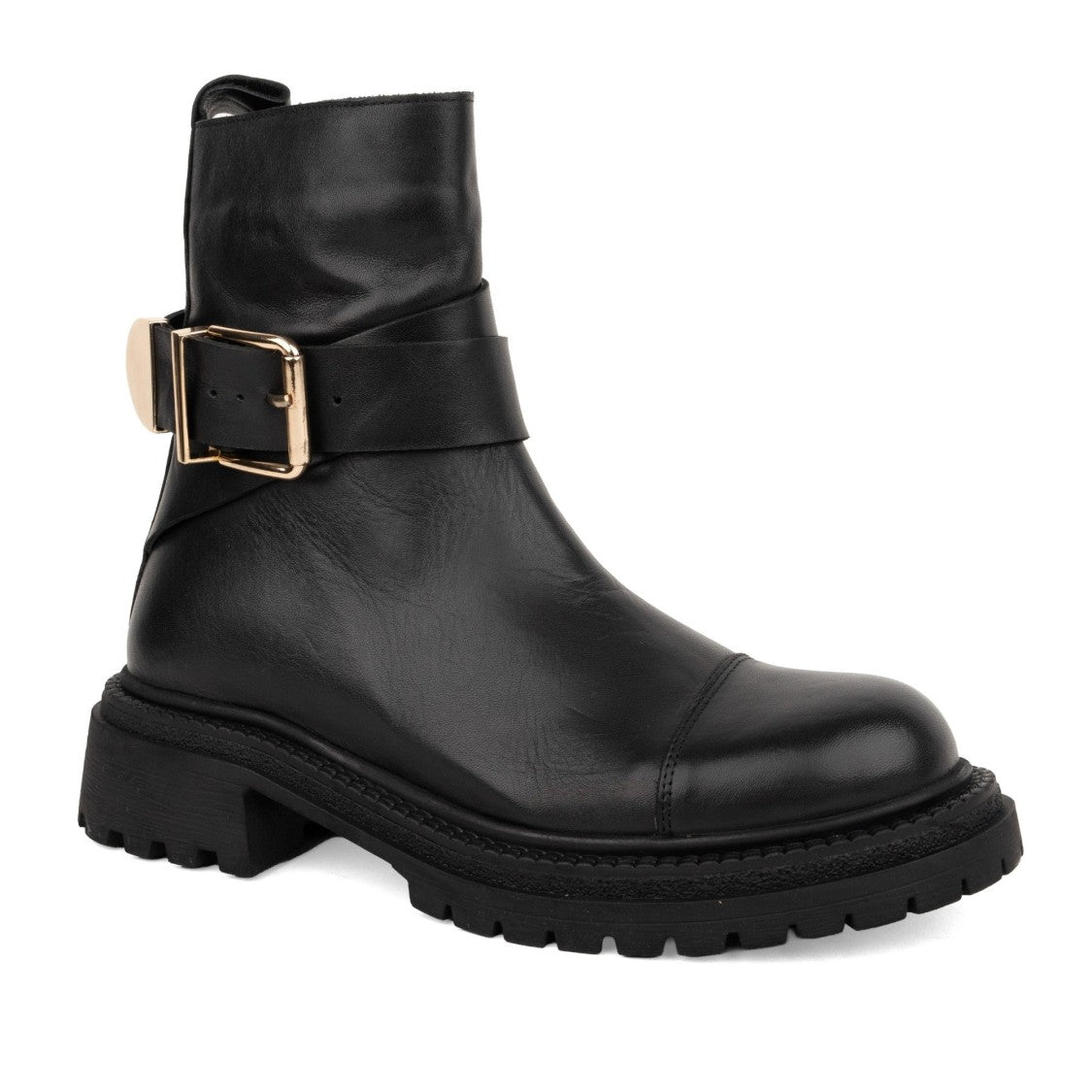 Sergio Moretti Black Smooth Leather Metallic Buckle Detail Boots