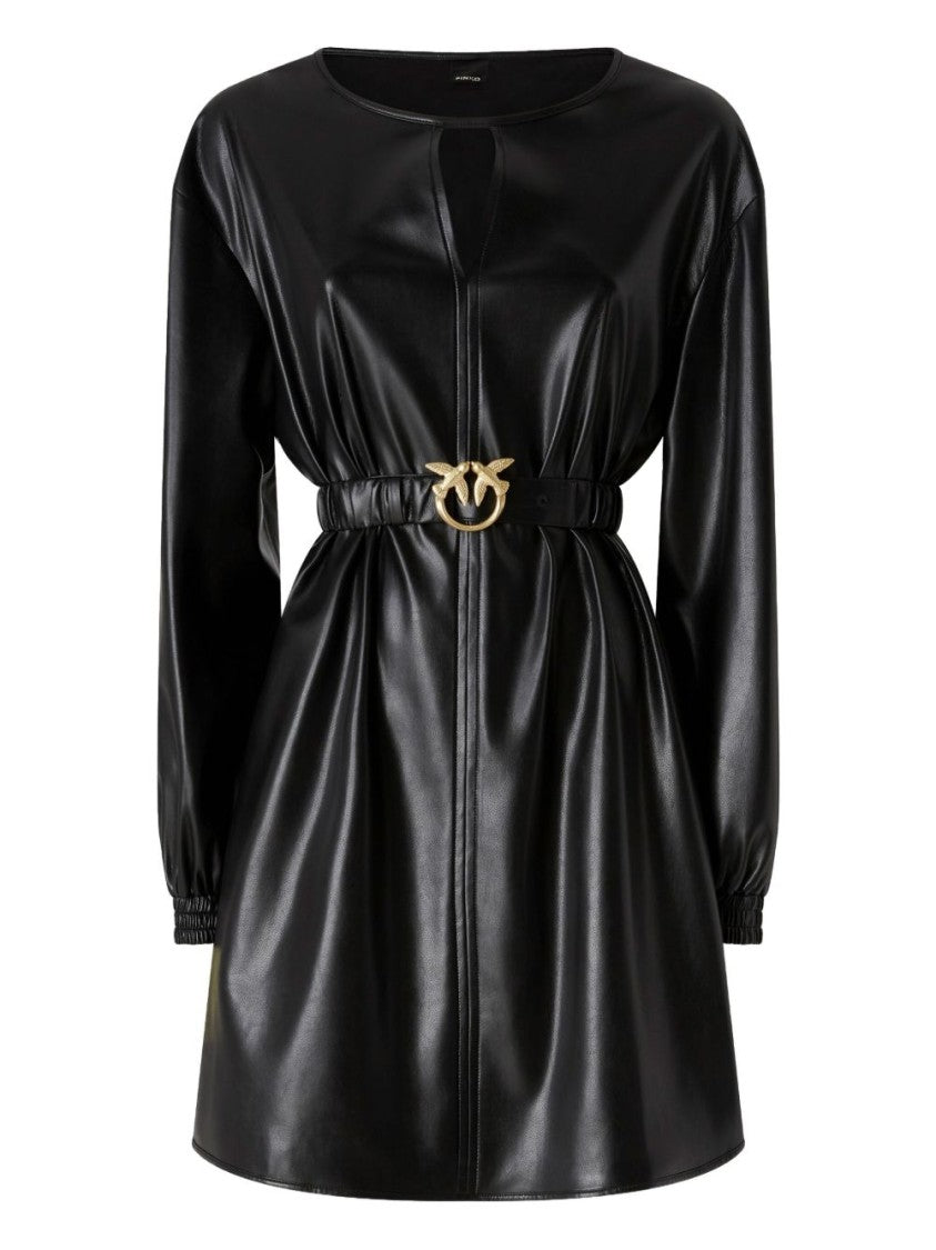 Pinko Long-Sleeved Black Minidress With Logo Buckle Belt