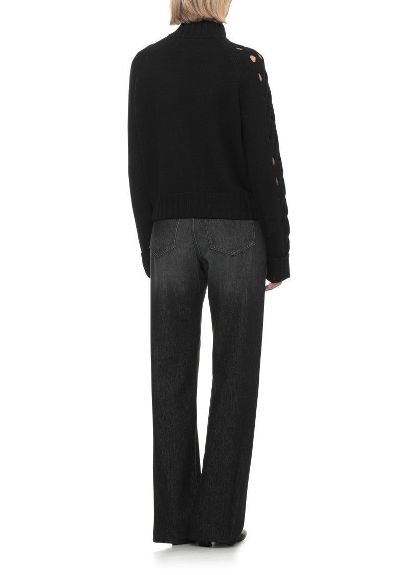 D. Exterior Black High Neck Cut-Out Wool-Cashmere Cardigan