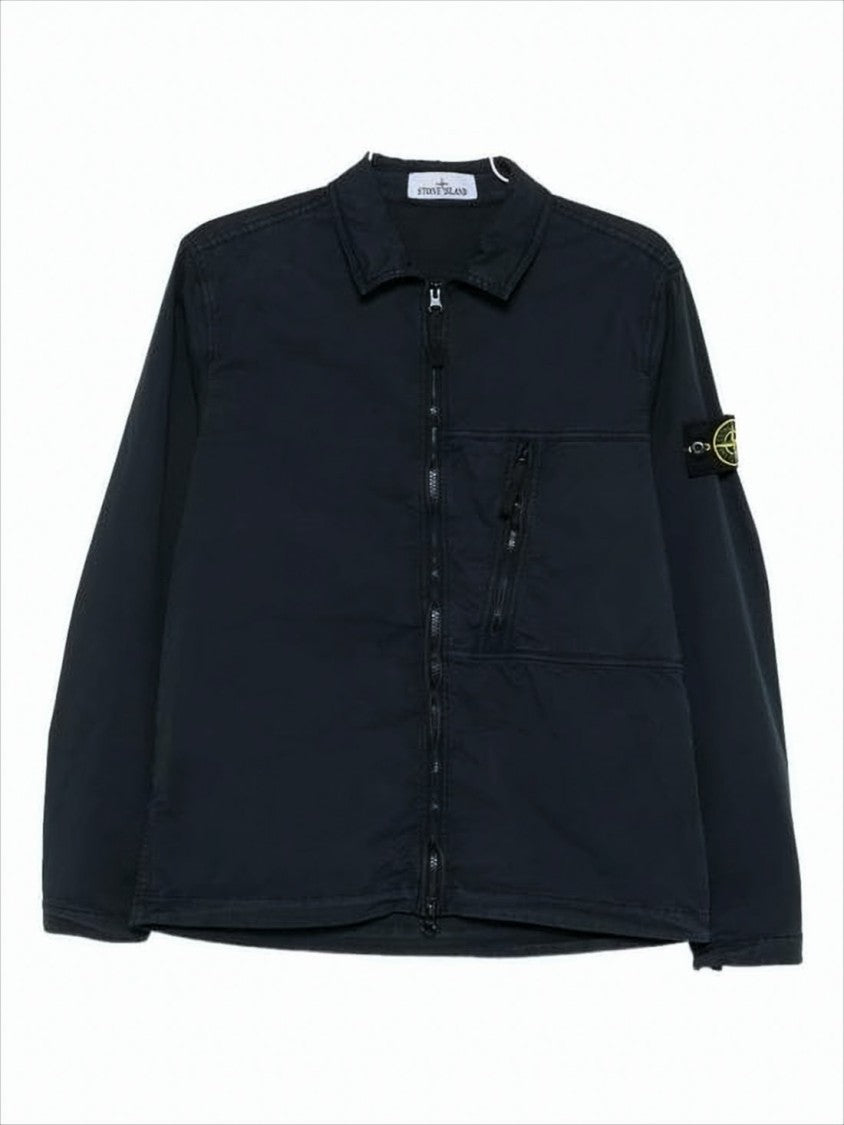 Stone Island Long-Sleeve Black Casual Shirt With Zip Pocket And Patch Logo