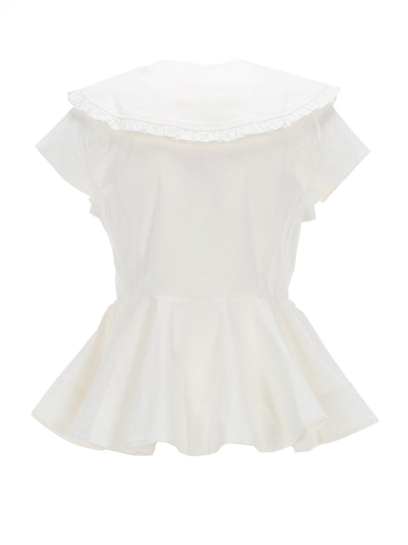 Ganni Ruffled Collar Peplum Cotton Shirt