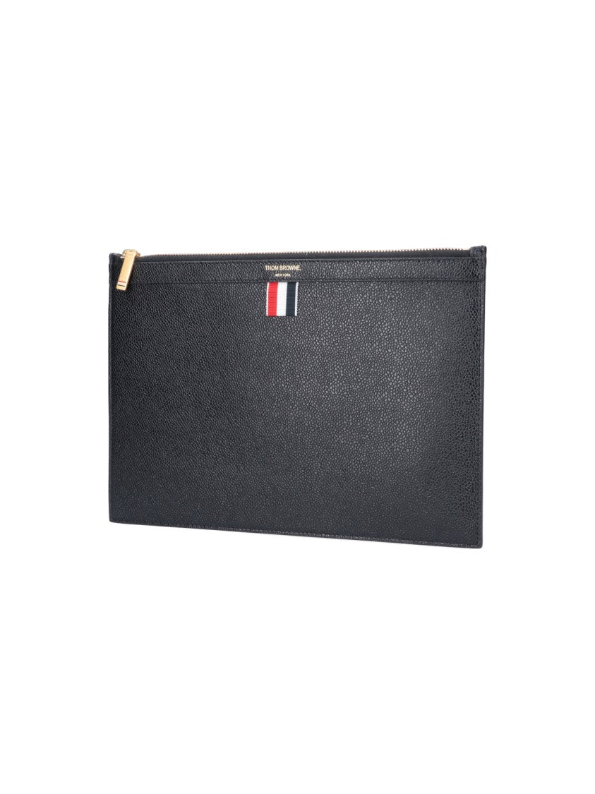 Thom Browne Rectangular Black Leather Pouch With Gold Zipper