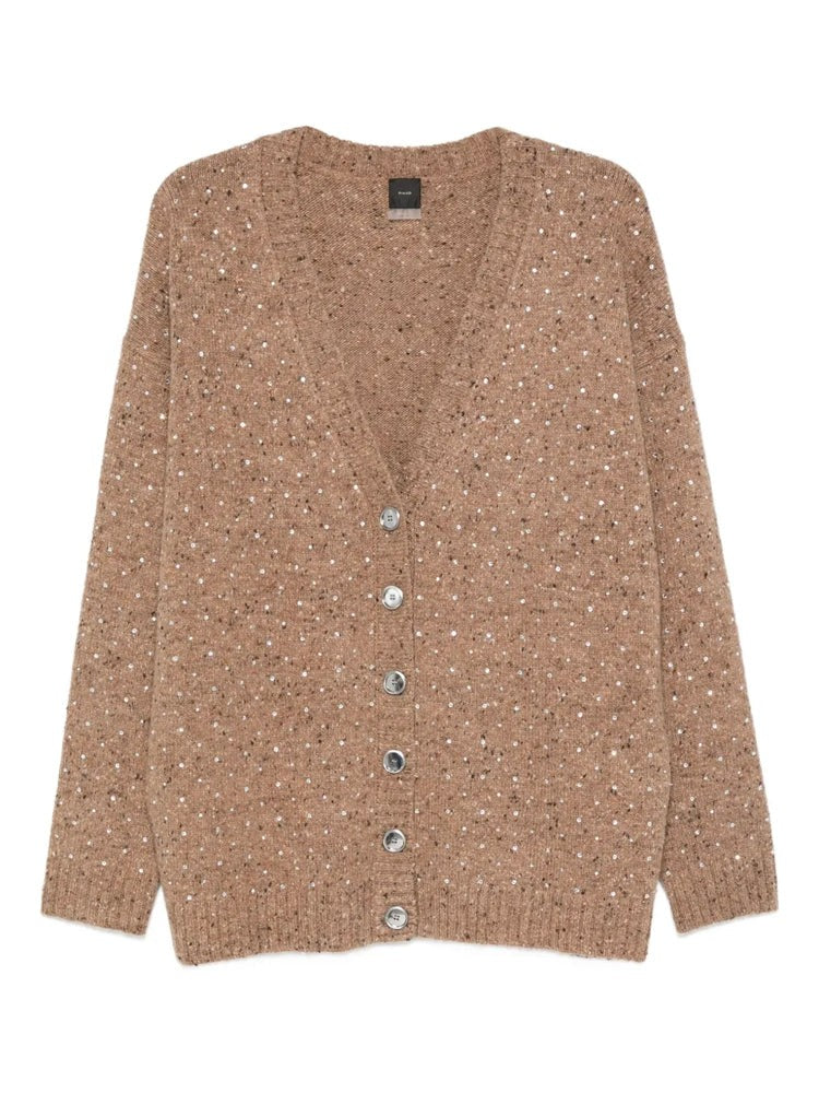 Pinko Brown Marche Textured V-Neck Wool-Blend Cardigan