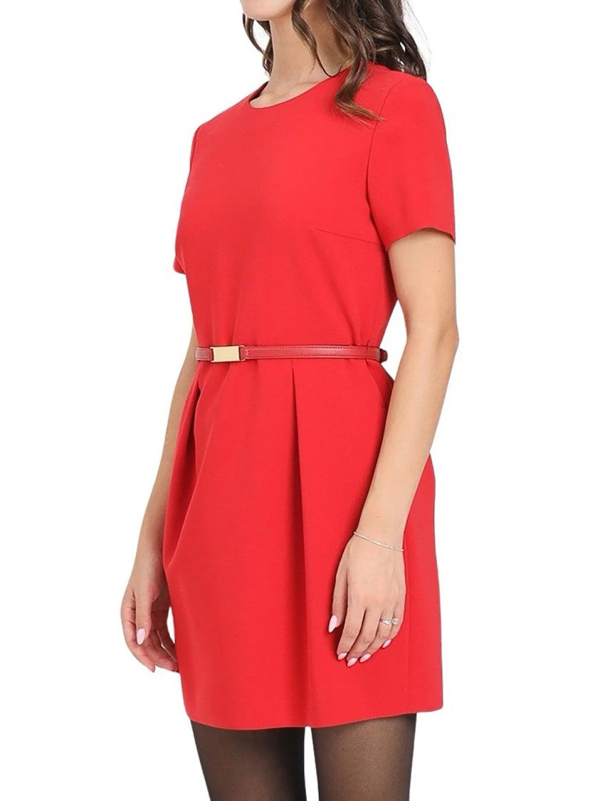 Max Mara Structured Red Mini Dress With Leather Strap And Practical Pockets