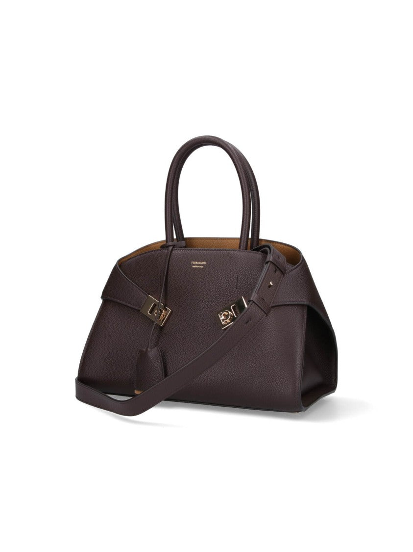 Ferragamo Medium Structured Handbag With Rotating Buckle Closure And Signature Logo