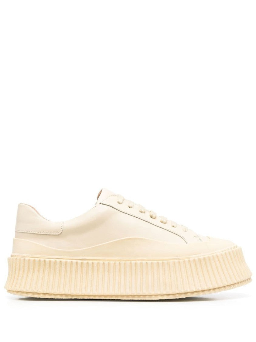 Jil Sander Monochromatic Beige Leather Sneakers With Ridged Sole