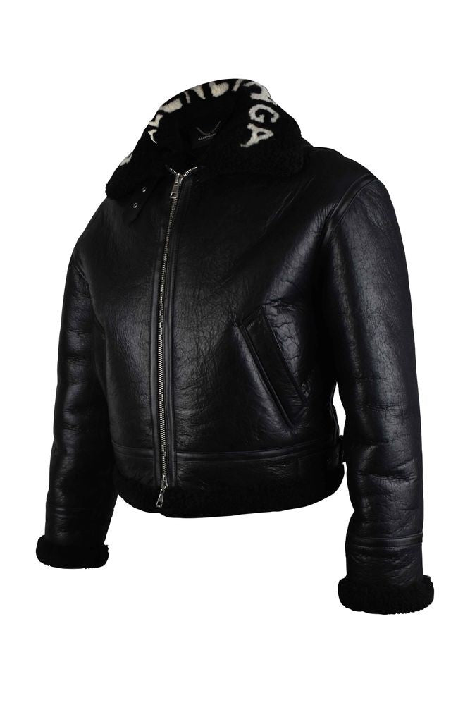 Balenciaga Shiny Black Leather And Wool Bomber