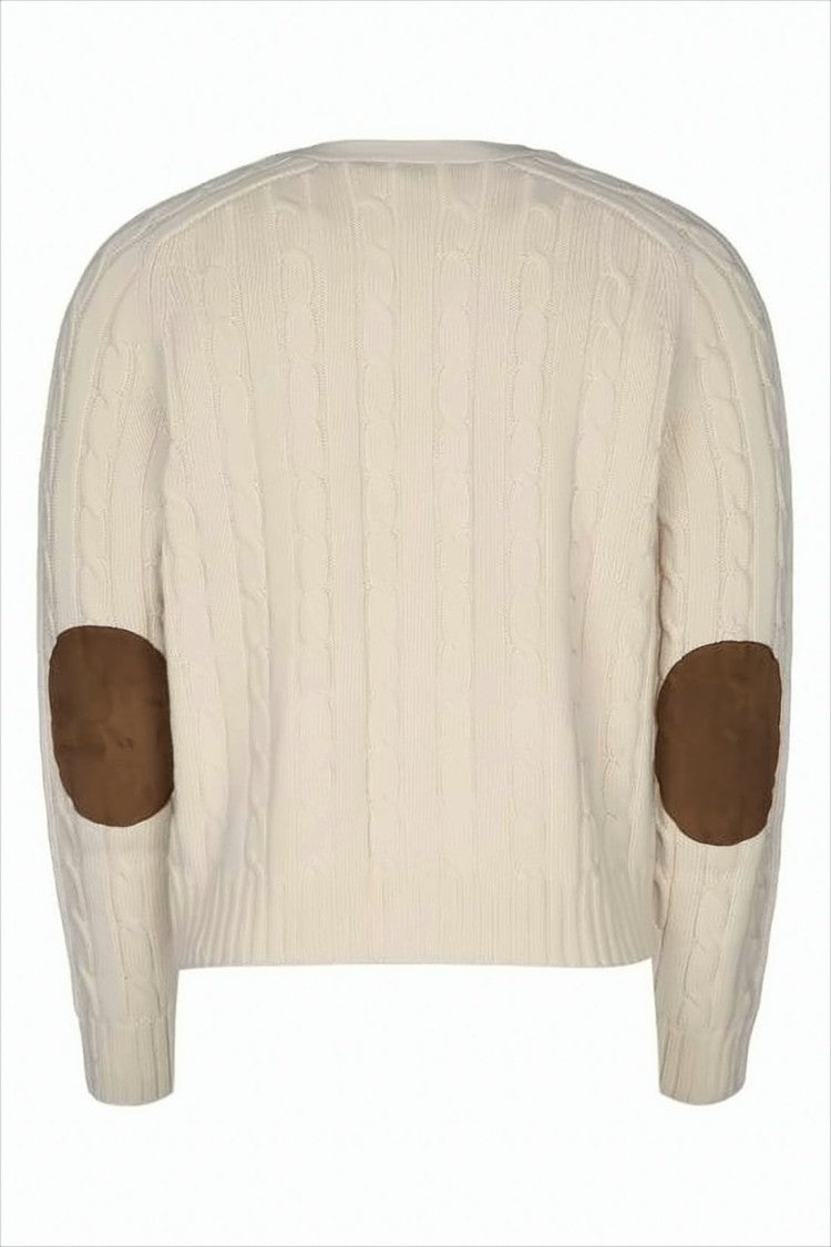 Celine Cropped Cable Knit Cardigan With Suede Elbow Patches