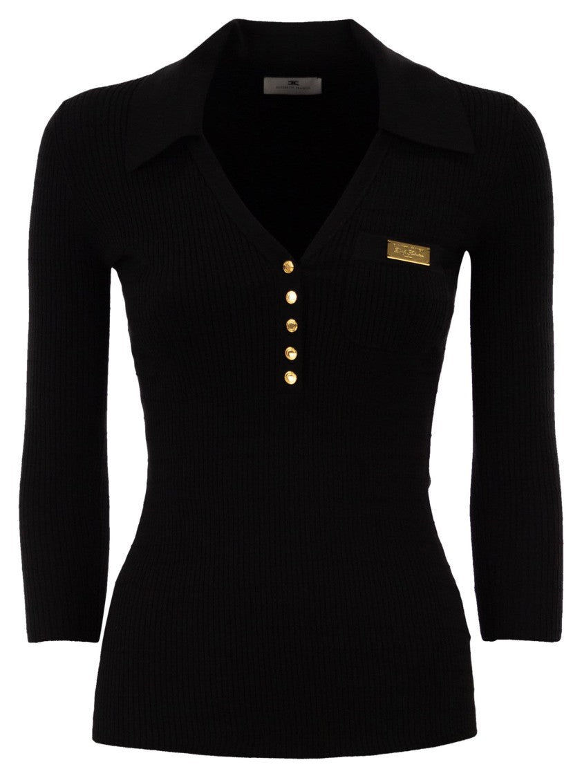 Elisabetta Franchi Micro-Cable Knit Polo Shirt With Gold Accents