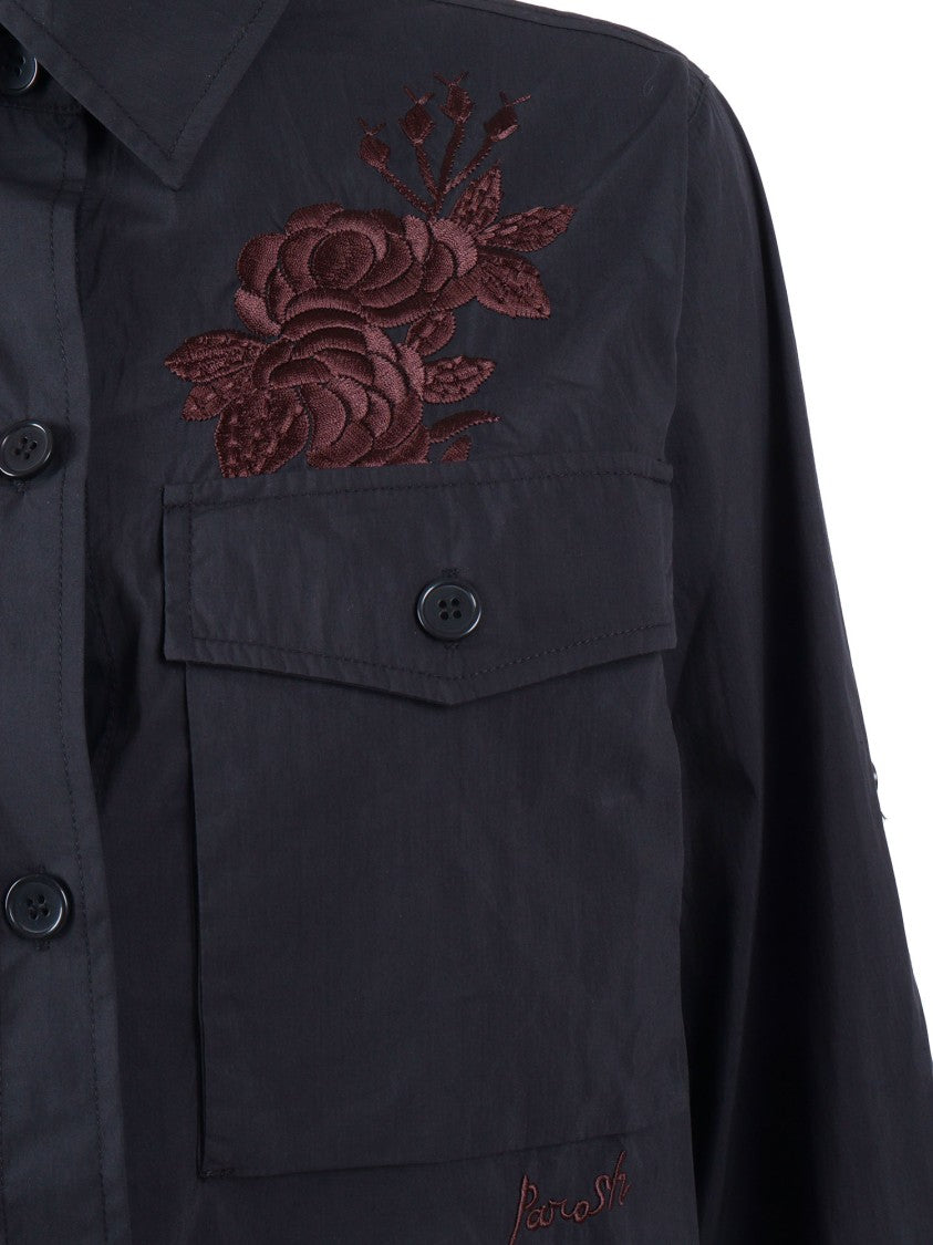 P.A.R.O.S.H. Structured Black Floral Embroidered Shirt