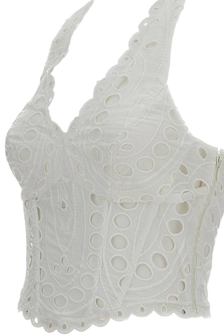 Charo Ruiz Ibiza White Halter Eyelet Top With Smocked Back
