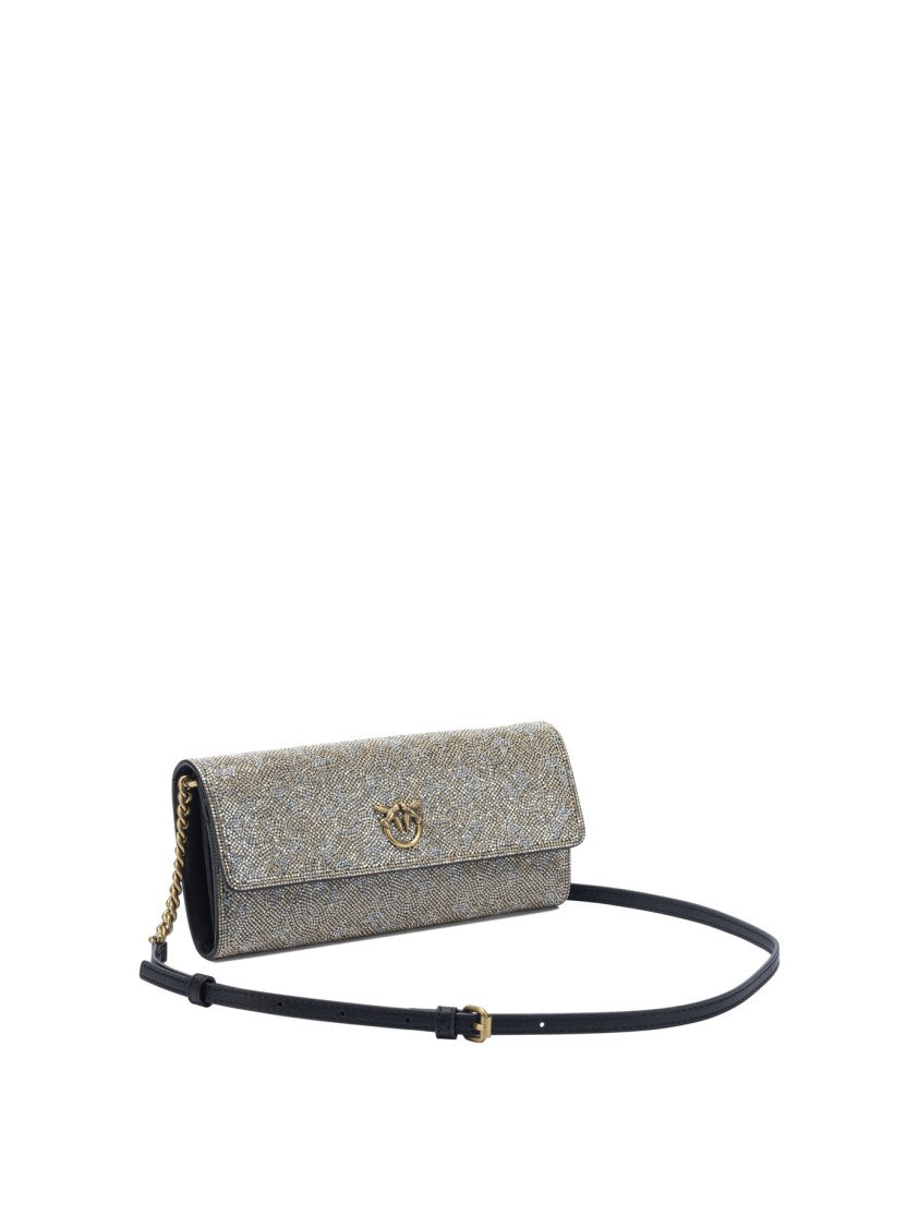 Pinko Textured Silver Leather Clutch With Flap Closure