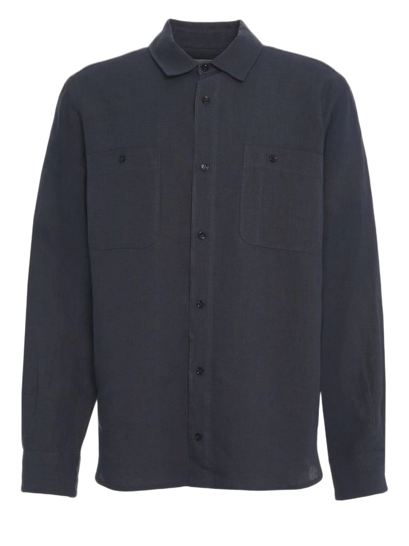 Amaranto Linen Blue Shirt With Chest Pockets And Classic Collar