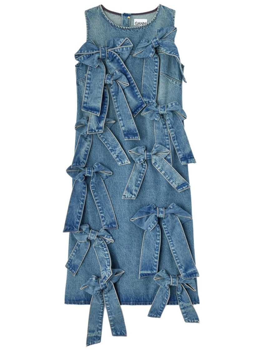 Ganni Sleeveless Oversized Bows Denim Mini Dress