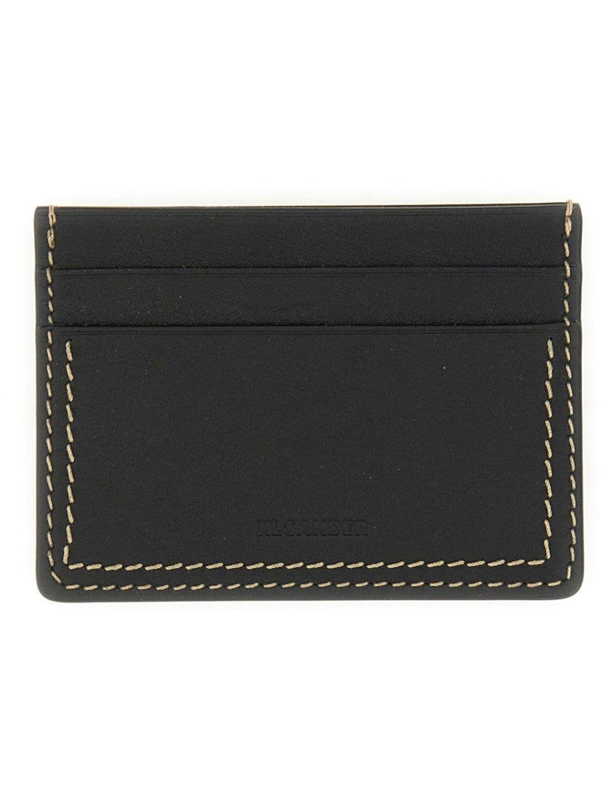 Jil Sander Black Leather Card Holder With Contrasting Stitching
