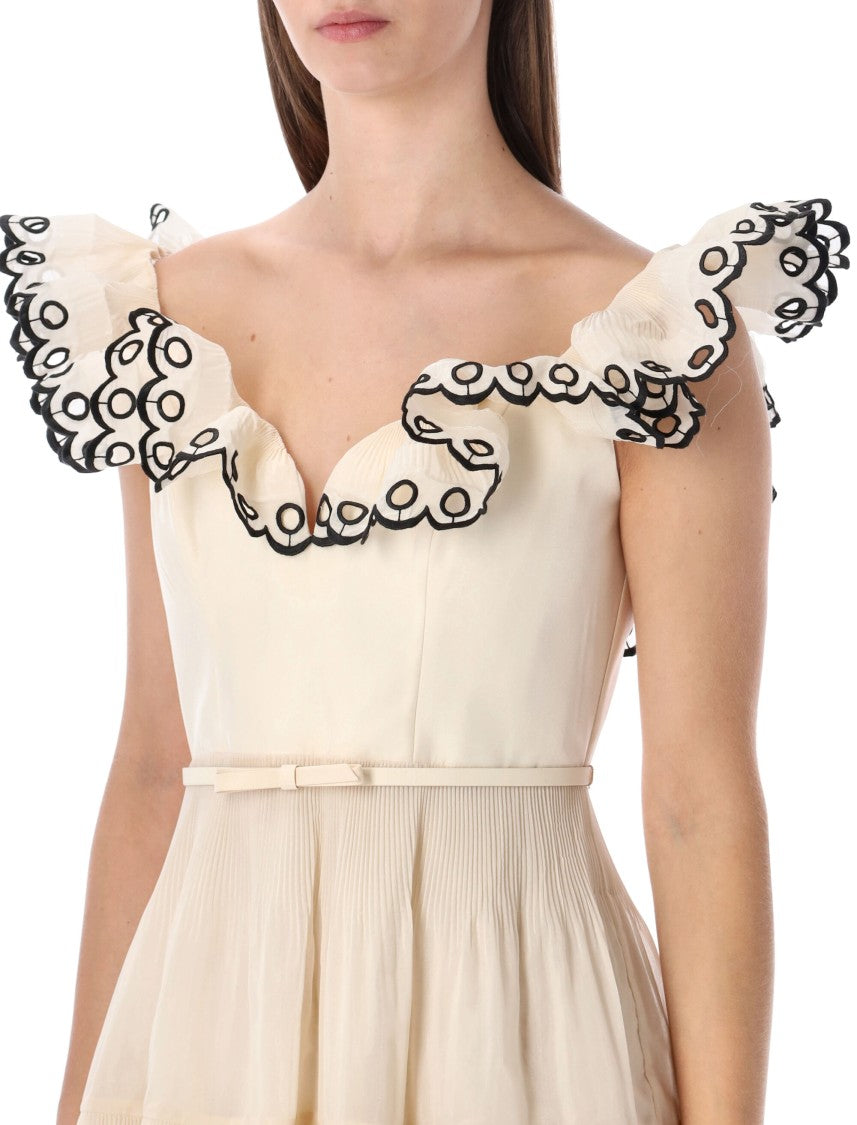 Zimmermann Structured Sweetheart Embroidered Mini Dress With Frilled Sleeves