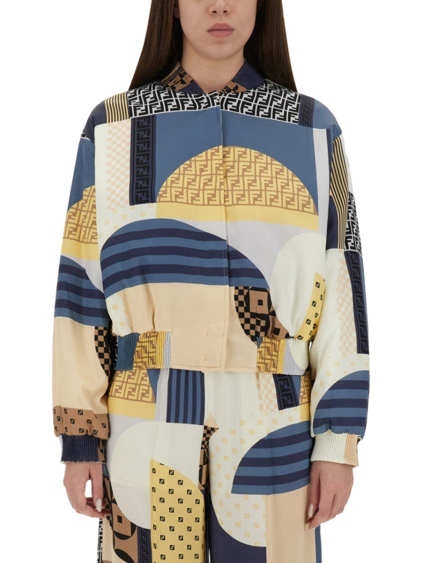 Fendi Silk Bomber Jacket With Patchwork Print