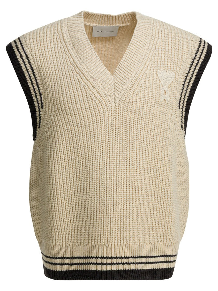 Ami Paris Sleeveless Chunky Ribbed Knitwear With V-Neckline