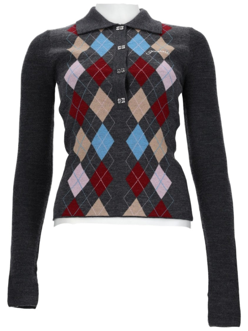 Ganni Argyle Pattern Long Sleeves Polo Shirt