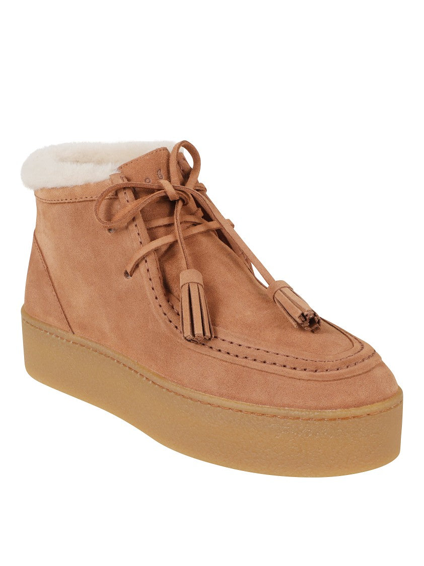 Hogan Mid-Top Brown Suede Sneakers With Shearling Collar