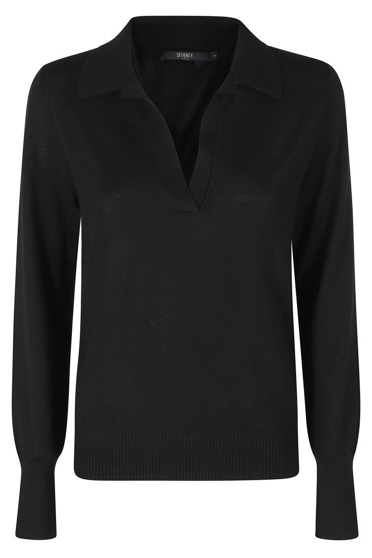 Seventy Classic Black Polo Sweater With Ribbed Trim
