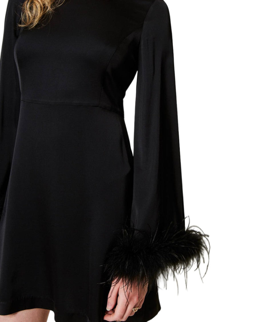 Twin-Set Black Viscose Satin Feather-Trimmed Cuffs Mini Dress