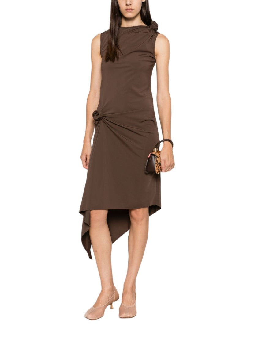Coperni Asymmetric Brown Dress With Draped Detailing And Floral Accents