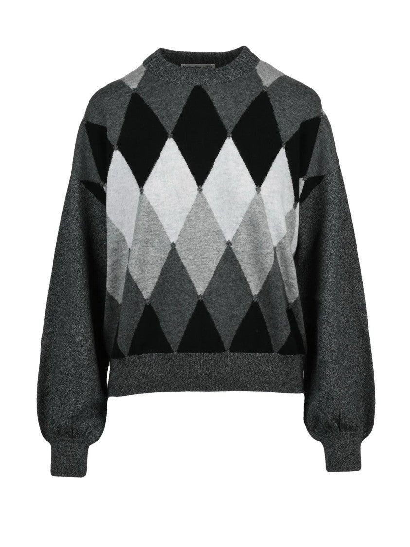 Ballantyne Classic Crew Neck Cashmere Sweater With Puff Sleeves And Argyle Pattern
