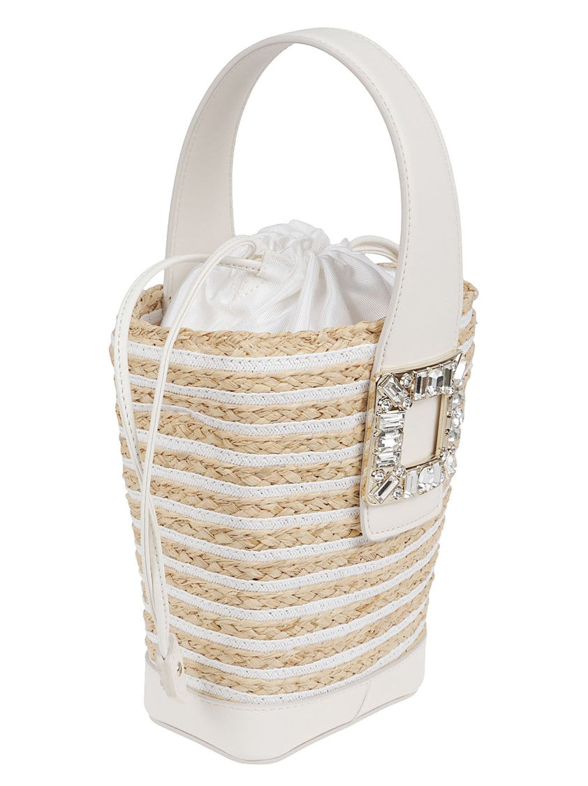 Roger Vivier Woven Raffia Bucket Bag With Crystal Buckle Accents
