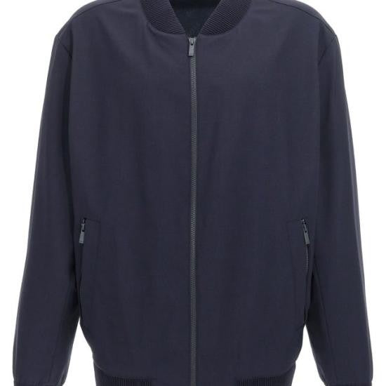 Hugo Boss Dark Blue Minimalist Bomber Jacket With Ribbed Details