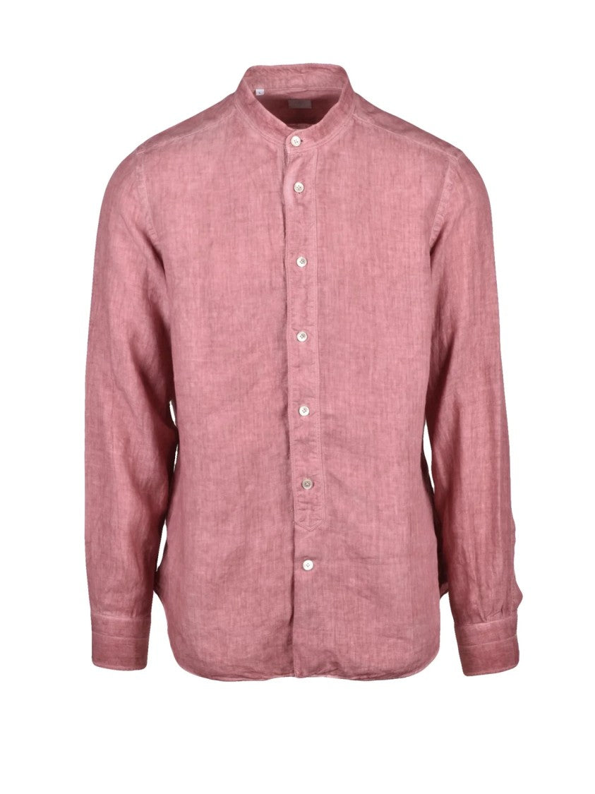 Eleventy Brown Mandarin Collar Linen Shirt