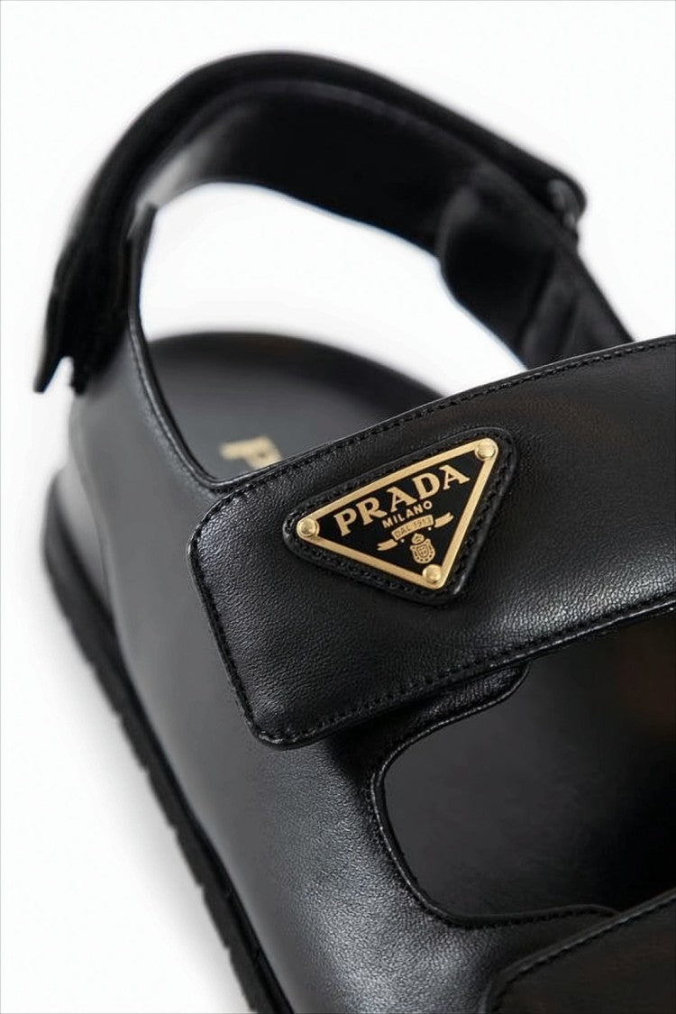 Prada Black Leather Sandals With Adjustable Straps And Metal Logo