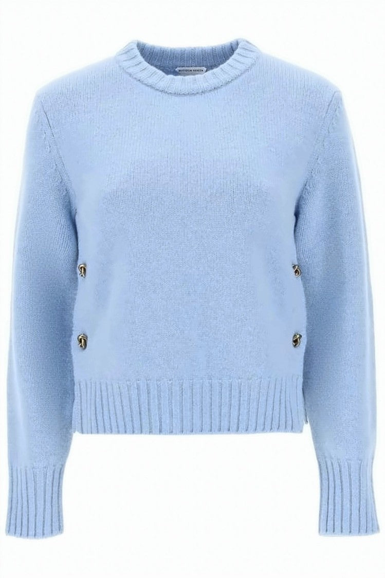 Bottega Veneta Cropped Blue Wool Sweater With Decorative Metal Buttons
