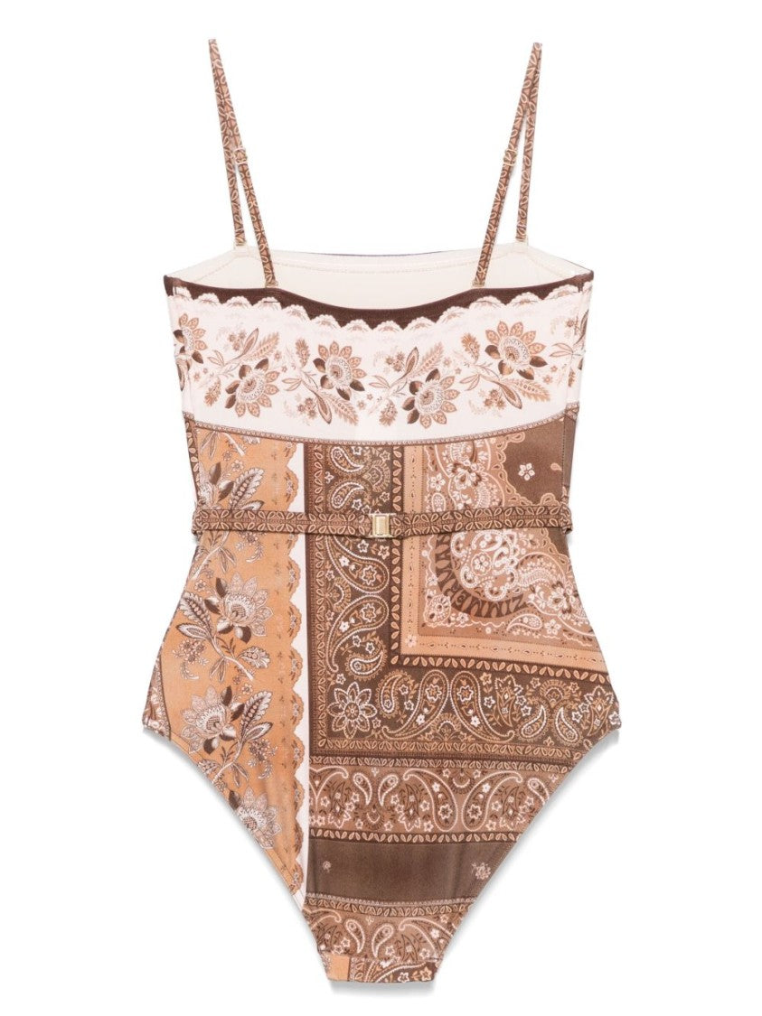 Zimmermann Bandeau One-Piece Swimsuit With Patchwork Bandana Print
