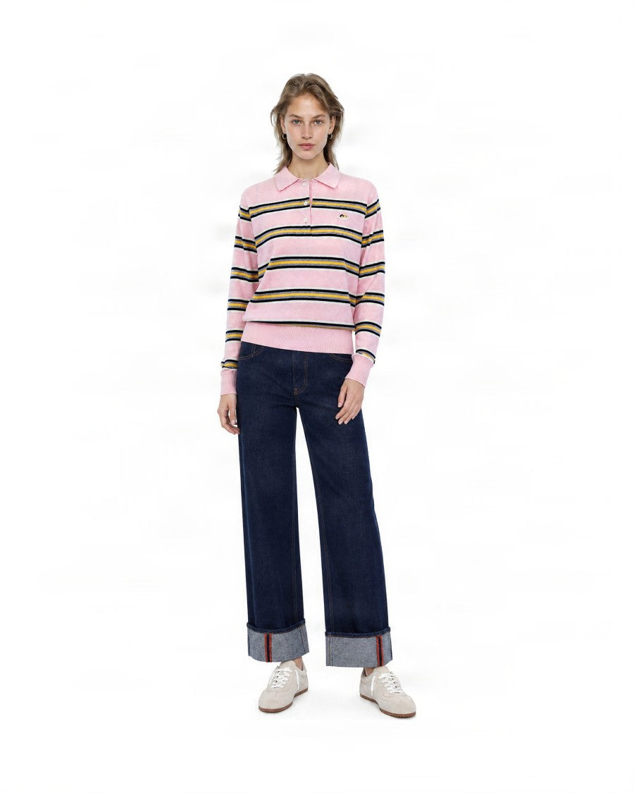 Fiorucci Pink Striped Ribbed Merino Wool Polo Shirt