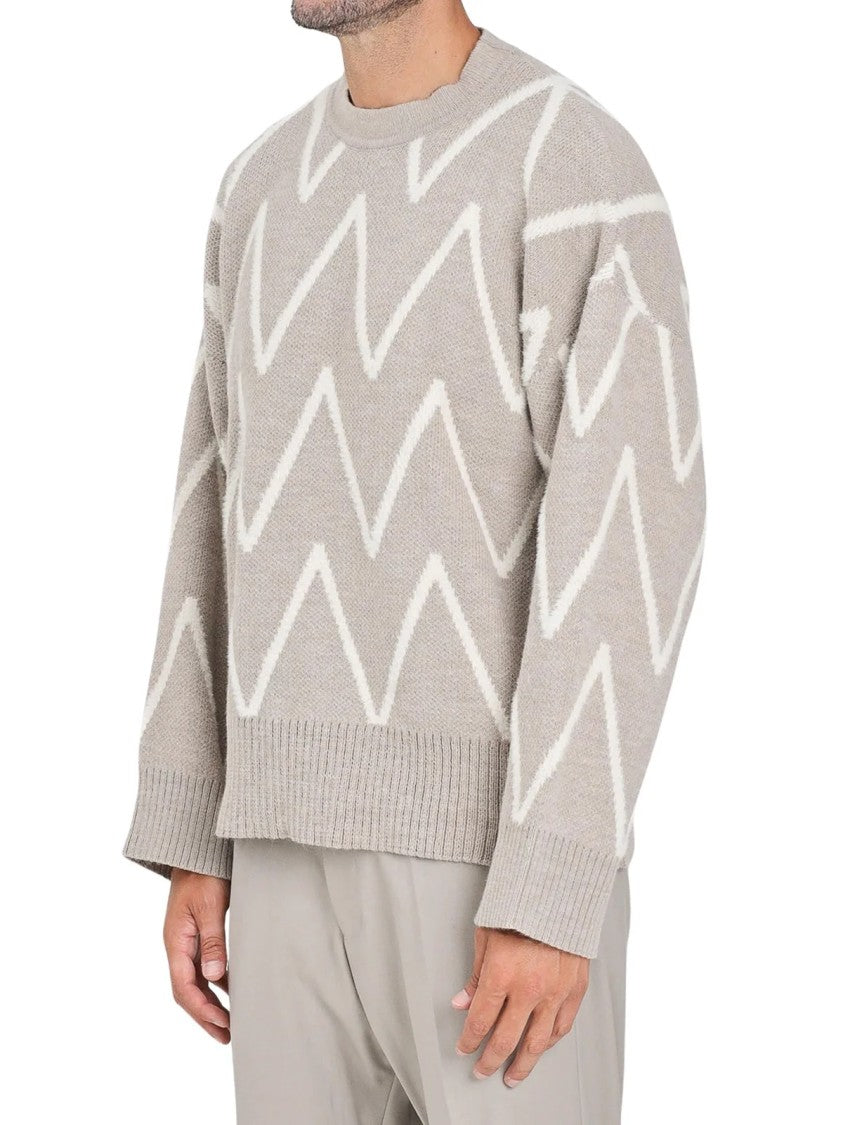 I M Brian Beige Zigzag Pattern Wool-Blend Crewneck Sweater