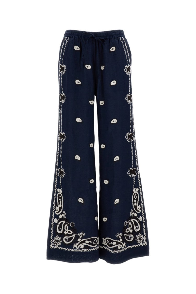 Parosh Embroidered Wide-Leg Linen Trousers With Adjustable Waistband