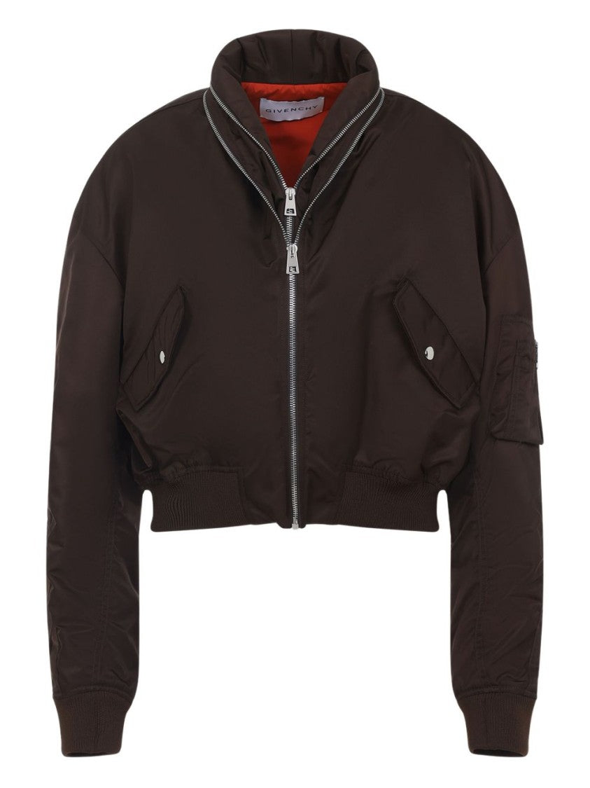 Givenchy Brown Stand Collar Ribbed Zip Jacket