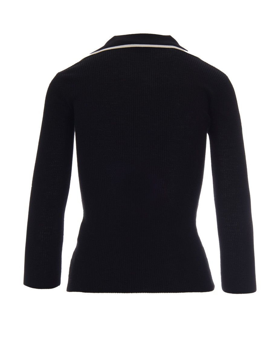 Elisabetta Franchi Ribbed Knit Polo With Boat Collar And Contrasting Logo Intarsia