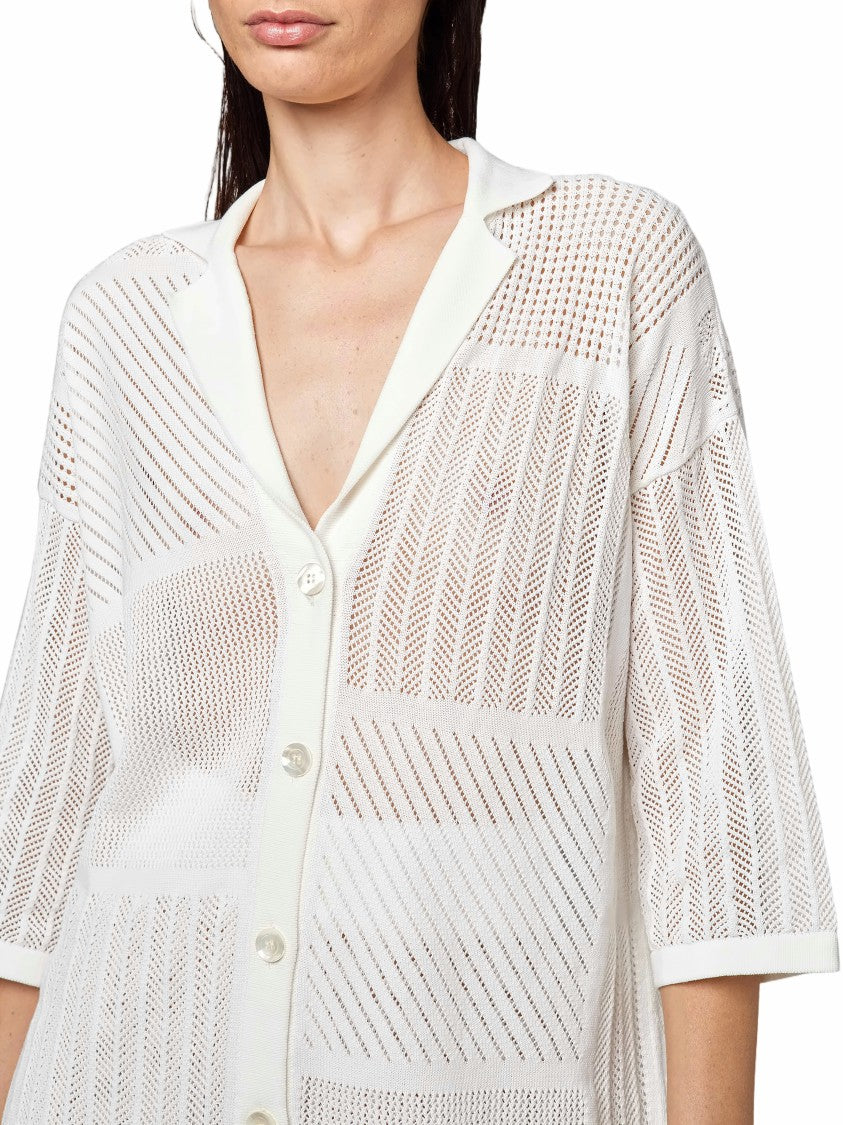 Alpha Studio Openwork 3/4 Sleeves Cotton-Blend Bowling Shirt