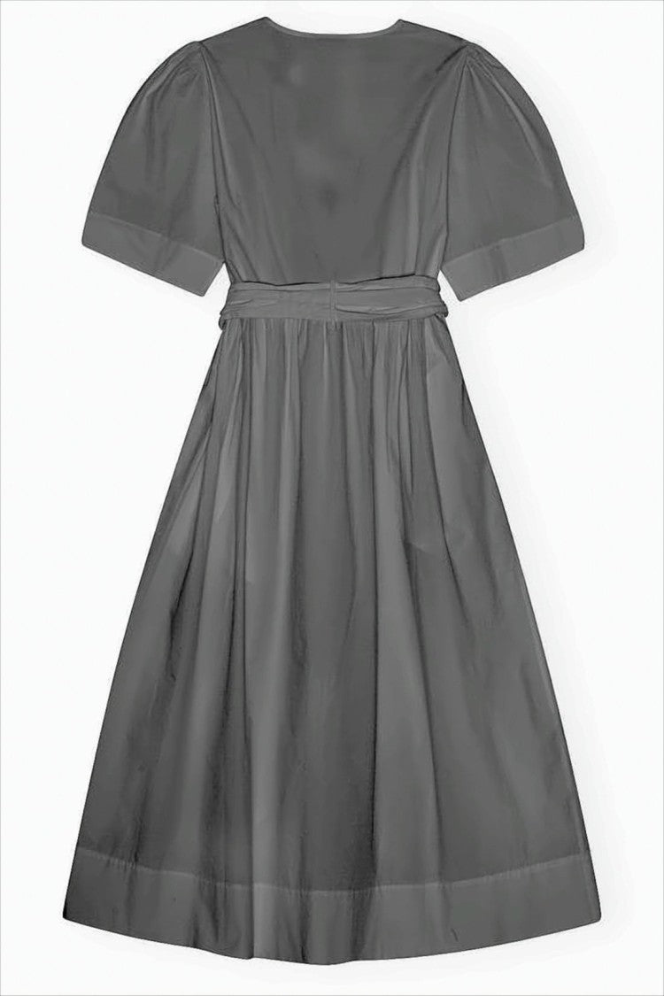 Ganni Puffed Sleeve Midi Dress With Cut-Out Detail