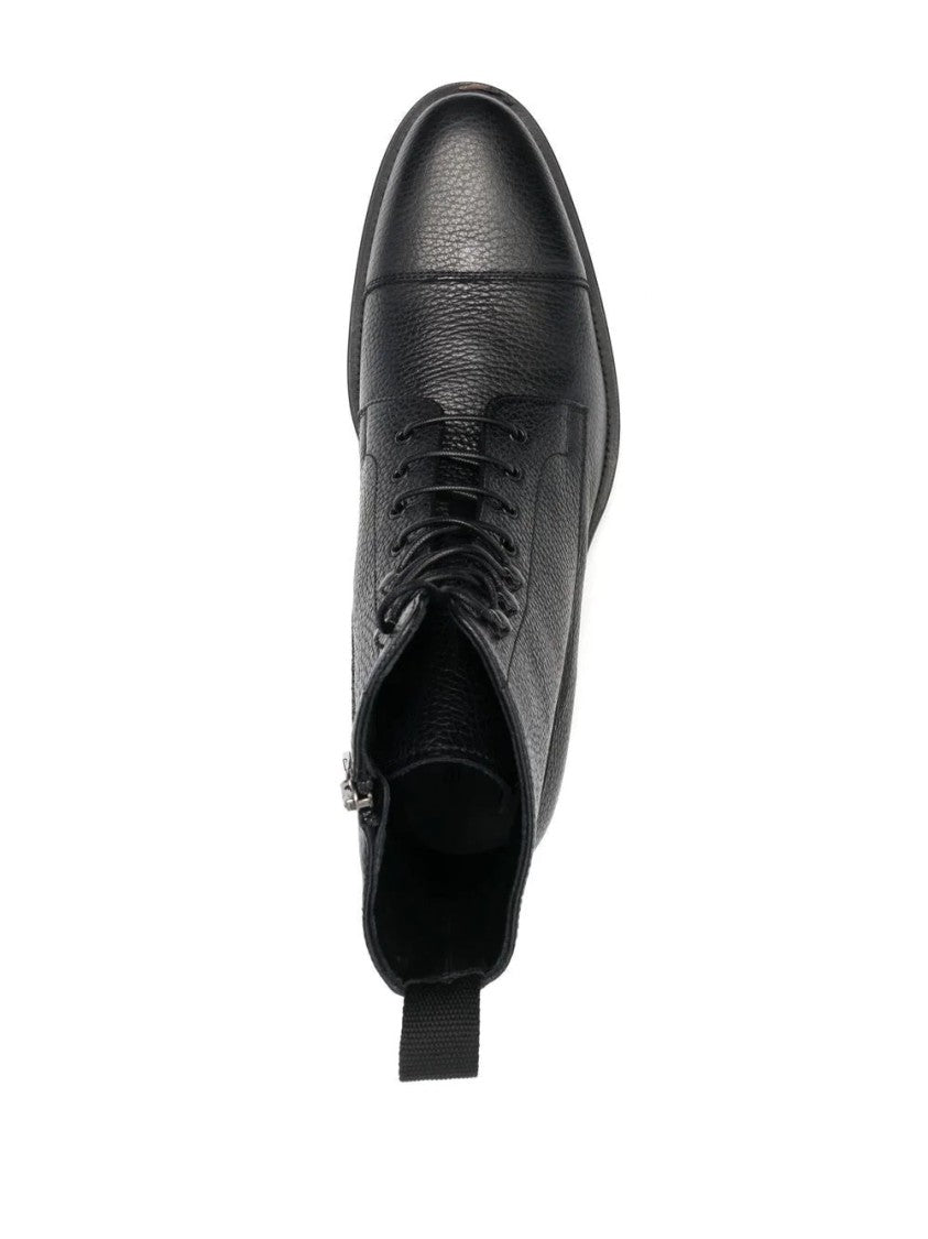 Baldinini Lace-Up Black Leather Ankle Boots With Textured Upper And Side Zipper