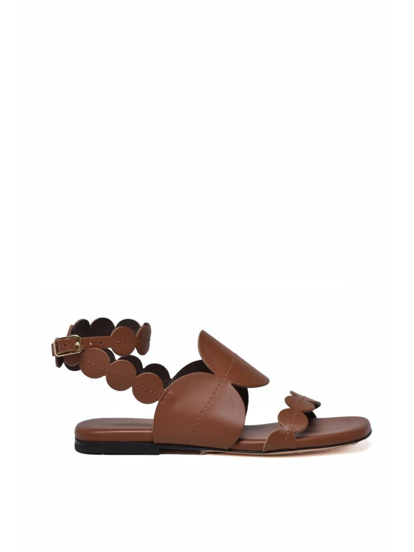 Liviana Conti Brown Minimalist Scalloped Strap Flat Leather Sandals