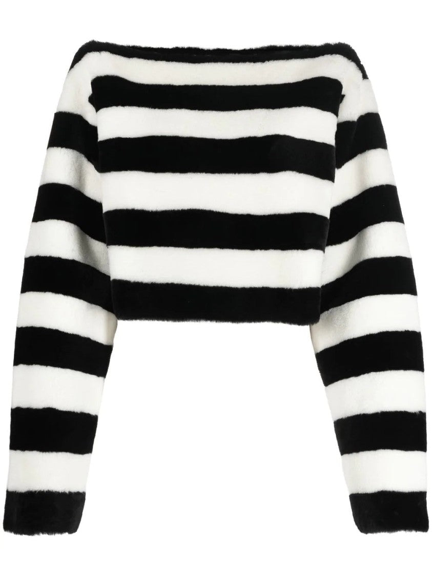 Balmain Black Off-Shoulder Striped Sheep Leather Crop Top
