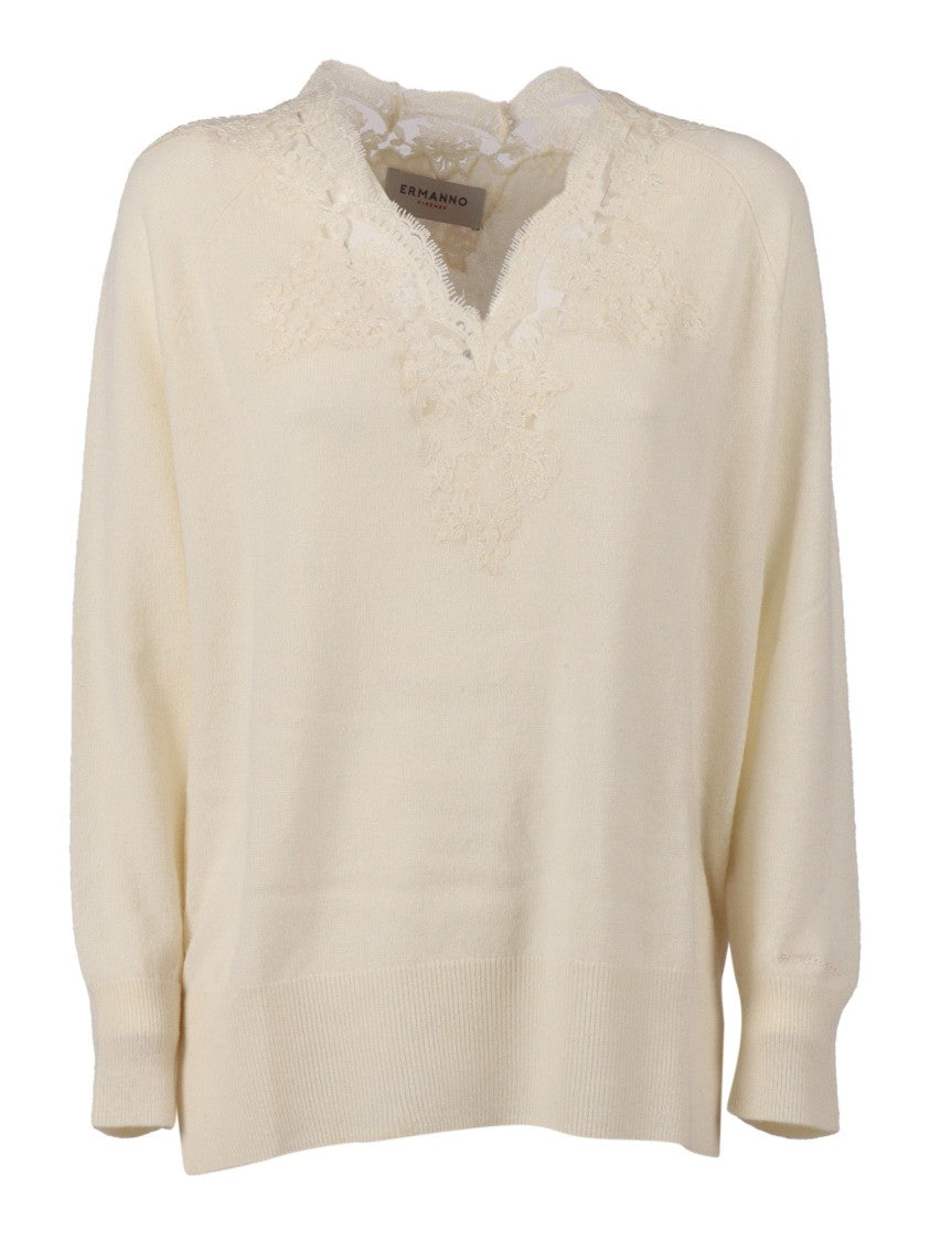 Ermanno Scervino V-Neck Long-Sleeve Knit Top In Soft Wool-Cashmere Blend