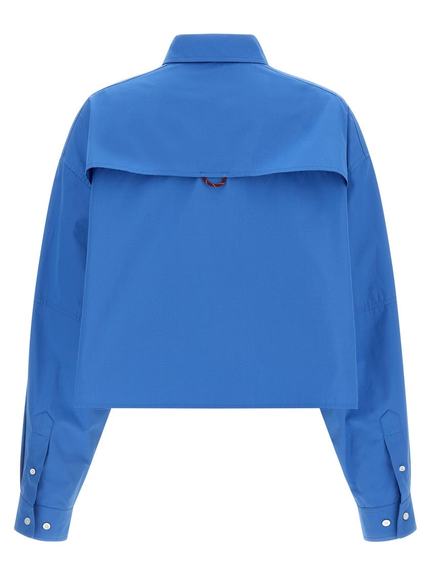 Miu Miu Cropped Cotton Poplin Overshirt With Mesh Insert And Logo Detail