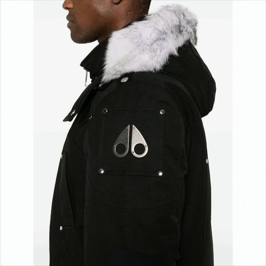 Moose Knuckles Hooded Long Black Padded Coat With Fur Trim And Multiple Pockets