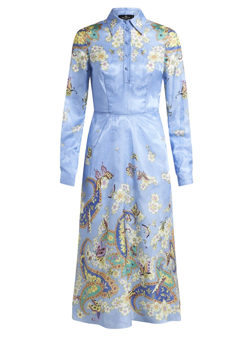 Etro Floral Print Light Blue Midi Shirtdress With Cinched Waist