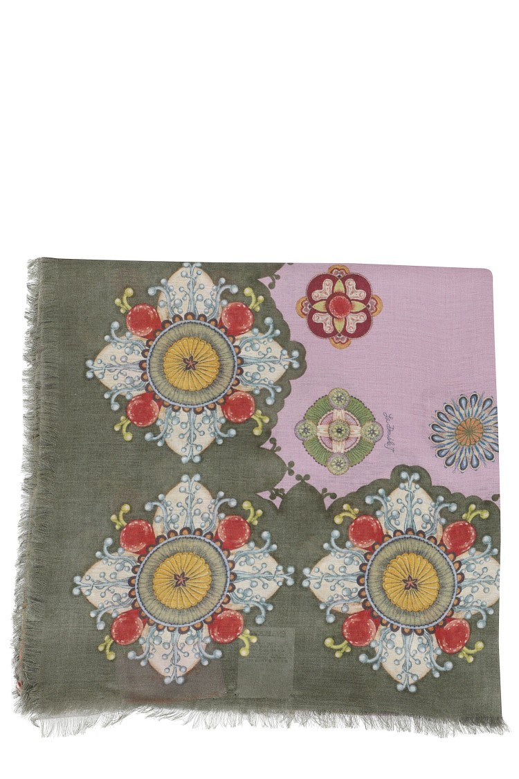 La Double J Multicolor Floral Motif Square Scarf With Fringed Edges