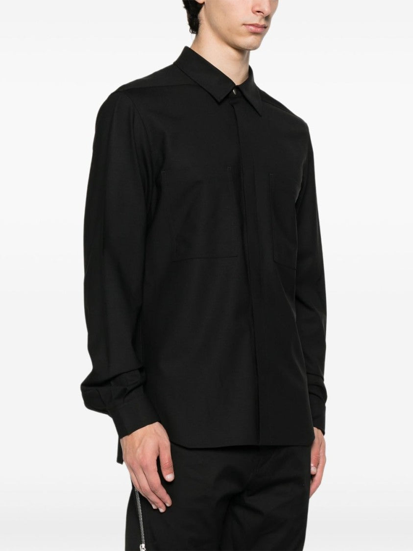 Rick Owens Classic Collar Black Shirt With Dual Front Pockets